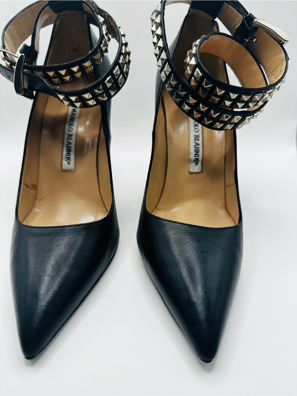 Manolo Blahnik Black Leather Pointed-Toe Pumps with Studded Double Ankle Straps